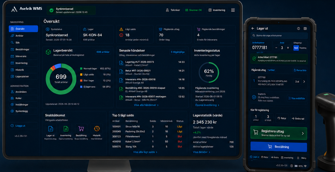Aselvik WMS med Windows-app, Android-app och fysisk scanner